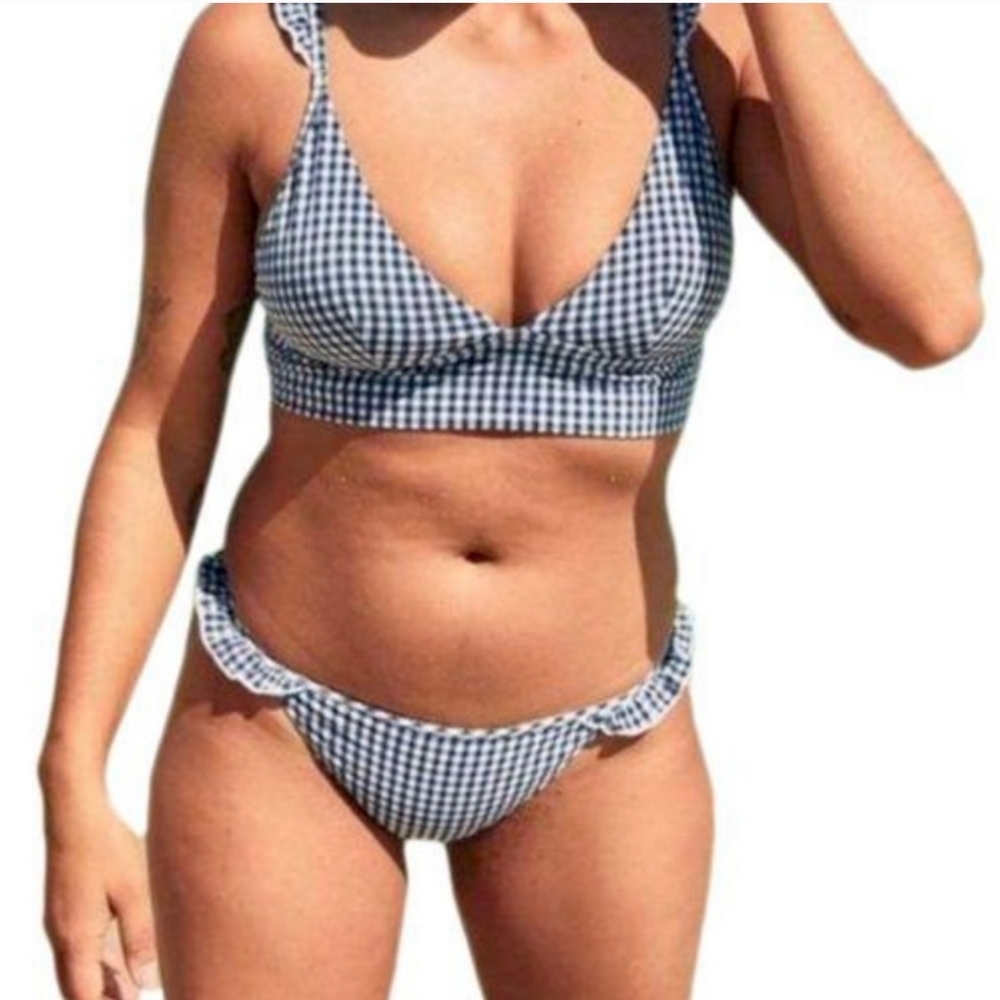 Aerie Blue Gingham Bikini Bottoms Blue White Size XS NWOT